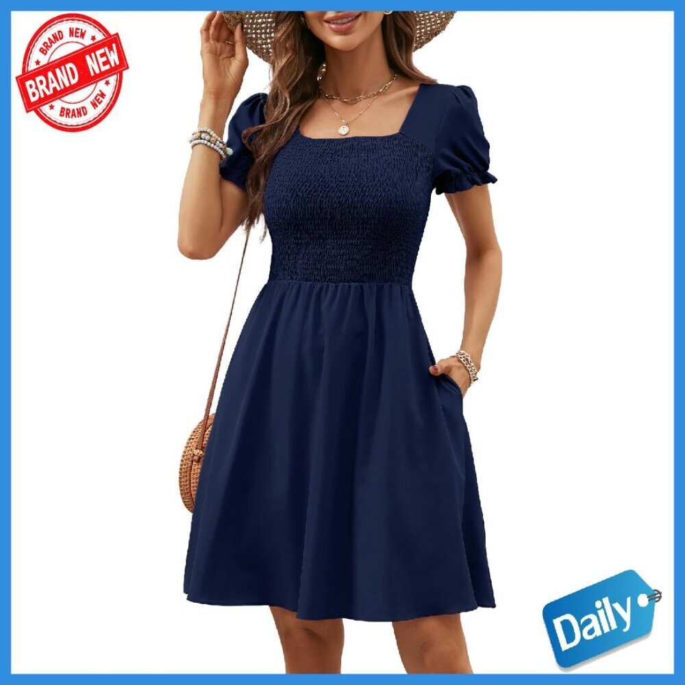 Summer Mini Dress with Pockets Smocked Bodice A-Line Casual Beach
